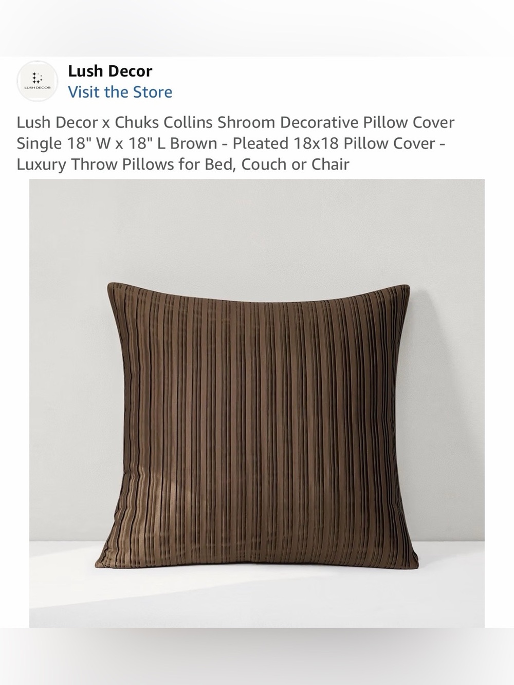 Brown Pleated Decorative Pillow Cover - 18x18 NWT